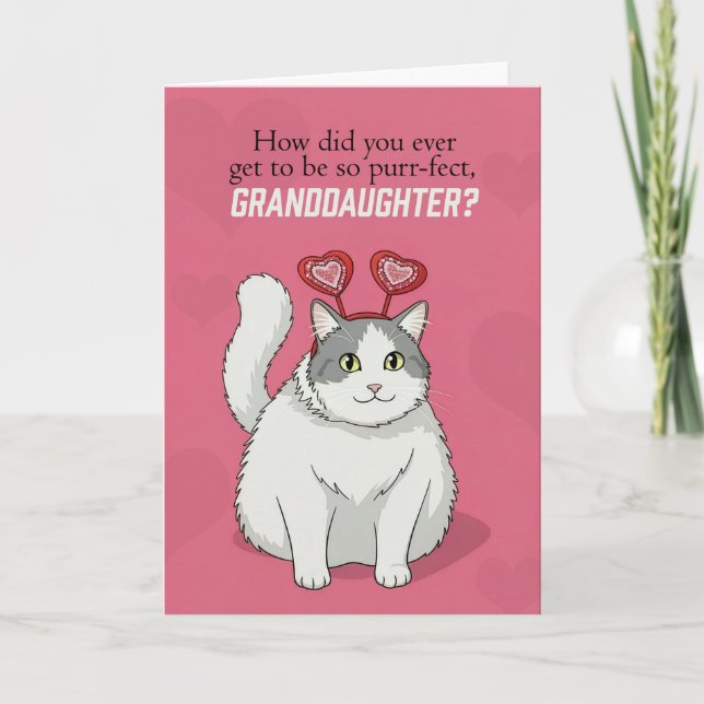 Tarjeta Festiva Happy Valentines Day Granddaughter Cute Cat  (Anverso)