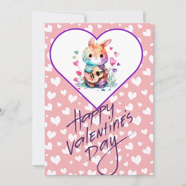 Tarjeta Festiva Happy Valentines Day, tono rosa adorable conejito (Anverso)