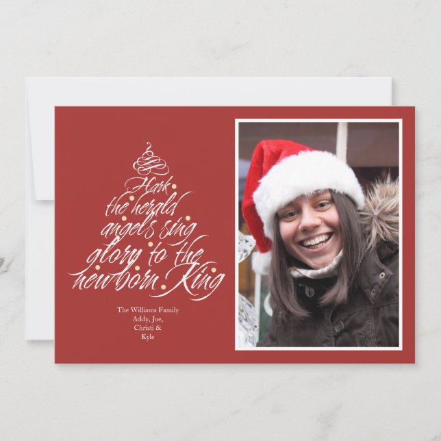 Tarjeta Festiva Hark Navidades carol árbol lírico foto rojo (Anverso)