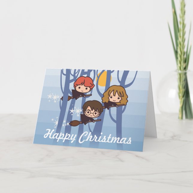 Tarjeta Festiva Harry, Ron Y Hermione Volando En Navidades De Bosq (Anverso)