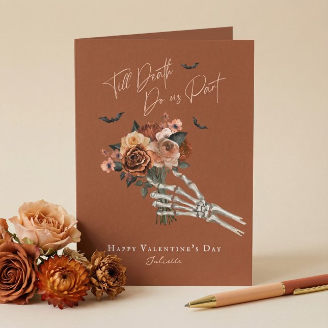 Tarjeta Festiva Hasta que la Muerte Gótica Floral Mano de Esquelet (Till Death Gothic Floral Skeleton Hand Valentine Holiday Card)