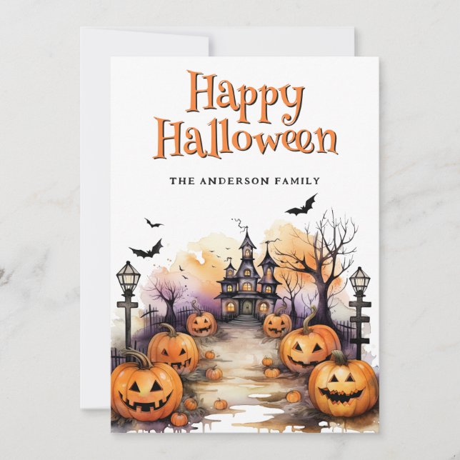 Tarjeta Festiva Hauned Mansion Bat Jack O'Lanterns Halloween Card (Anverso)