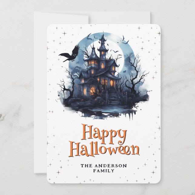 Tarjeta Festiva Haunsion Mansion Raven Bats Moon Happy Halloween (Anverso)