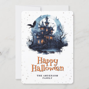 Tarjeta Festiva Haunsion Mansion Raven Bats Moon Happy Halloween