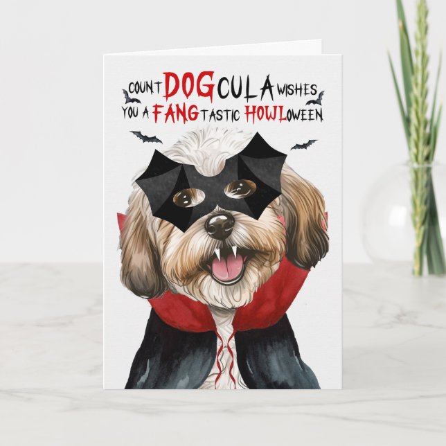 Tarjeta Festiva Havanese Dog Funny Count DOGcula Halloween (Anverso)