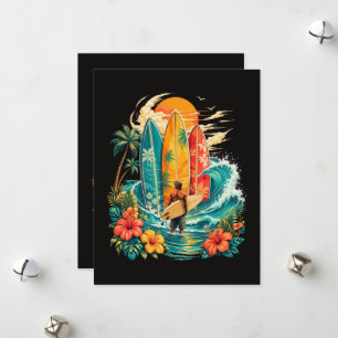 Tarjeta Festiva Hawái Tabla de Surf Ola Playa Surfista Vintage