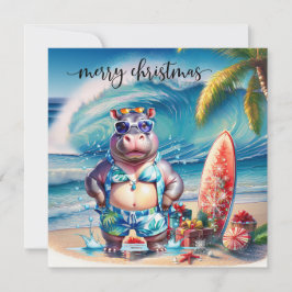 Tarjeta Festiva Hawaii Hippo celebrating Christmas at the beach 