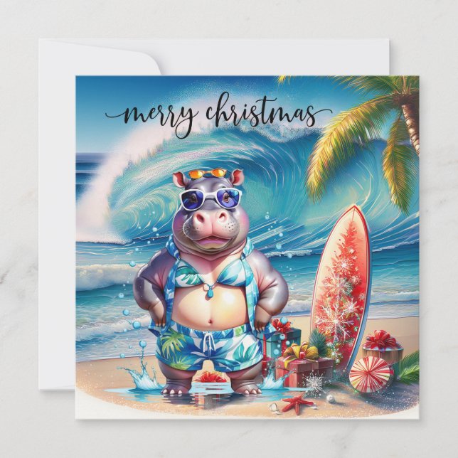 Tarjeta Festiva Hawaii Hippo celebrating Christmas at the beach  (Anverso)
