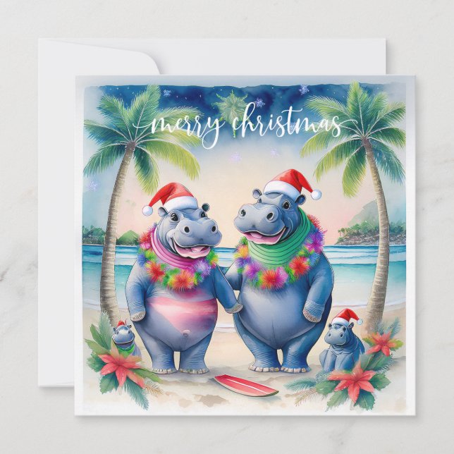 Tarjeta Festiva Hawaii Hippo celebrating Christmas at the beach  (Anverso)