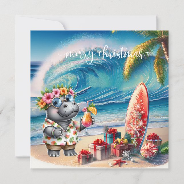 Tarjeta Festiva Hawaii Hippo celebrating Christmas at the beach  (Anverso)
