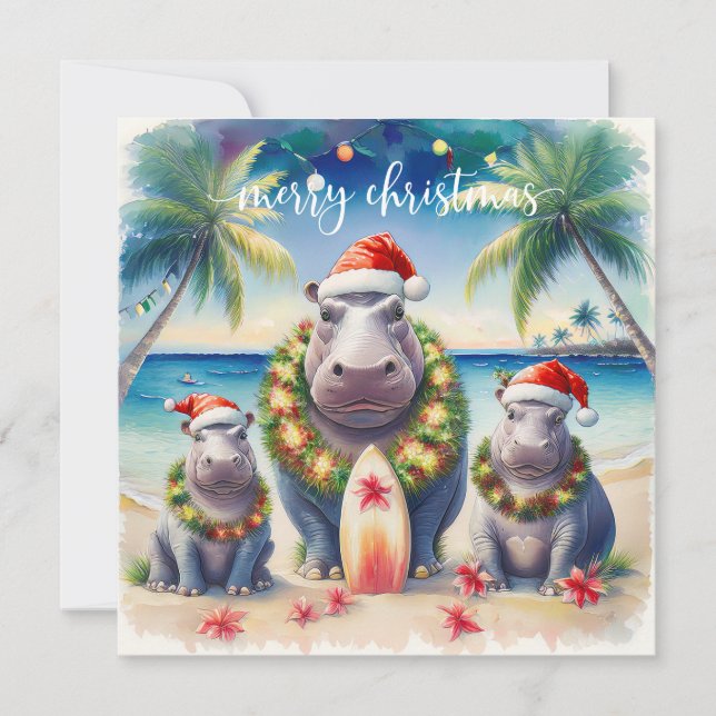 Tarjeta Festiva Hawaii Hippo celebrating Christmas at the beach  (Anverso)