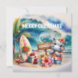 Tarjeta Festiva Hawaii Hippo celebrating Christmas at the beach 