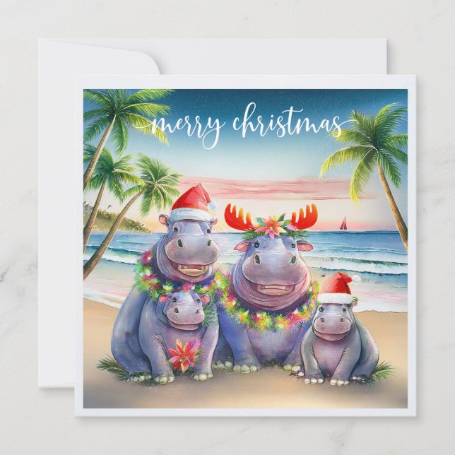 Tarjeta Festiva Hawaii Hippo celebrating Christmas at the beach  (Anverso)
