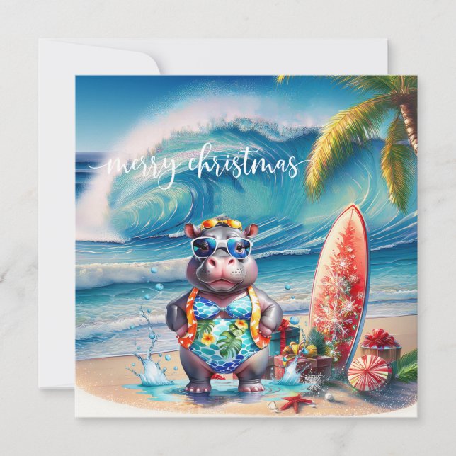 Tarjeta Festiva Hawaii Hippo celebrating Christmas at the beach  (Anverso)