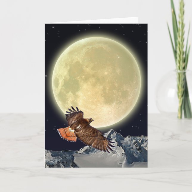 Tarjeta Festiva HAWK, MOUNTAINS & MOON Raptor Greeting Card (Anverso)