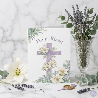 Tarjeta Festiva He is Risen Easter 2026 Religious Floral Cross