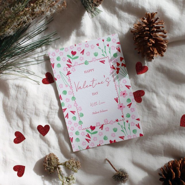 Tarjeta Festiva Heart Bloom Meadow on White – Pink & Red Valentine (Subido por el creador)