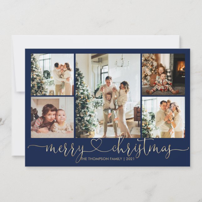 Tarjeta Festiva Heart Script Gold Blue Merry Christmas 5 Photo (Anverso)
