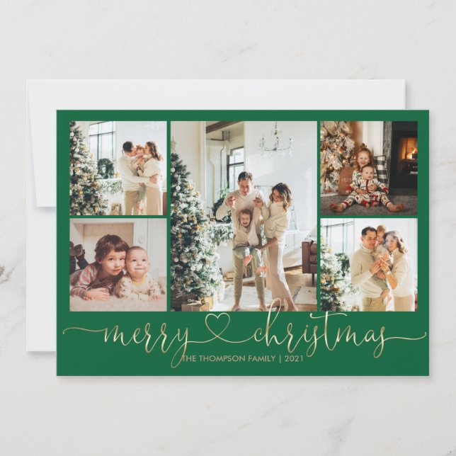 Tarjeta Festiva Heart Script Gold Green Merry Christmas 5 Photo (Anverso)