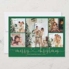Tarjeta Festiva Heart Script Gold Green Merry Christmas 5 Photo