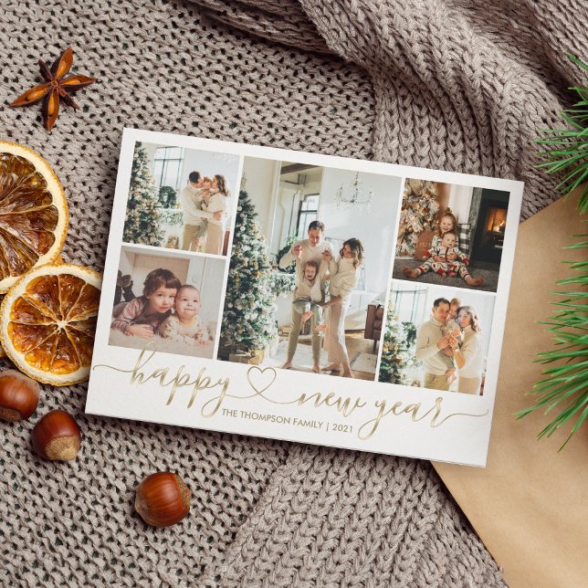 Tarjeta Festiva Heart Script Gold Happy New Year 5 Photo Holiday (Subido por el creador)