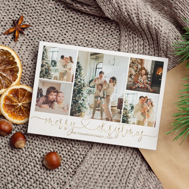 Tarjeta Festiva Heart Script Gold Merry Christmas 5 Photo (Subido por el creador)