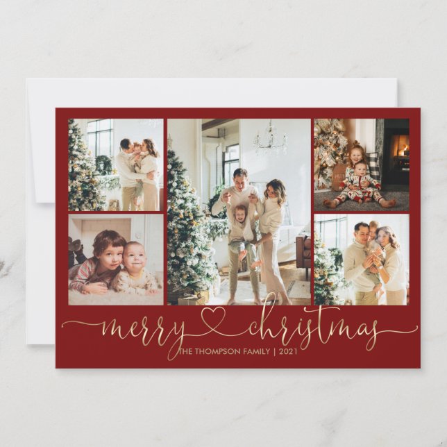 Tarjeta Festiva Heart Script Gold Red Merry Christmas 5 Photo (Anverso)