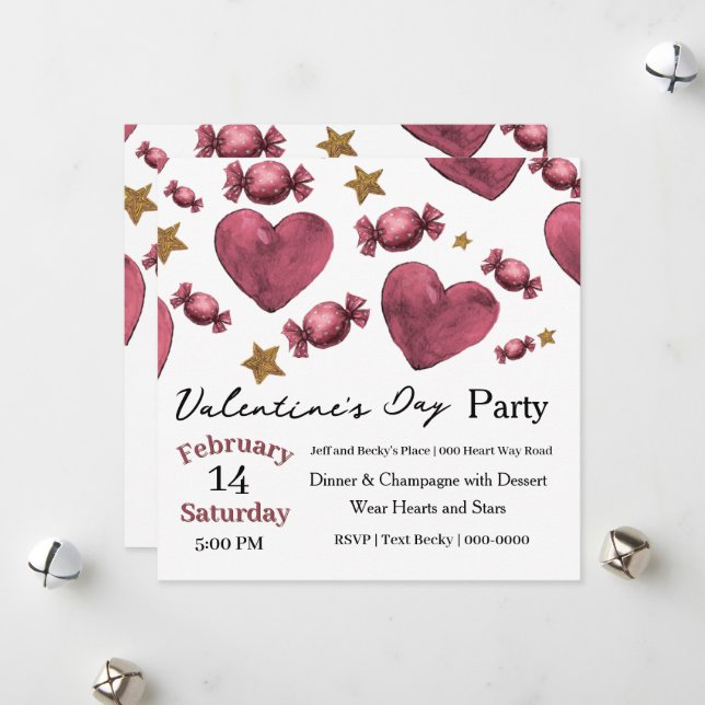 Tarjeta Festiva Hearts Candies and Stars Valentine Invitation (Anverso/Reverso In Situ)