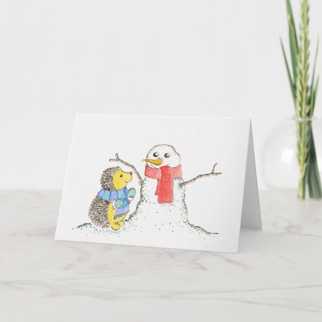 Tarjeta Festiva Hedgehog y Snowman (Anverso)