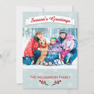 Tarjeta Festiva Helado azul de invierno con copos de nieve y foto