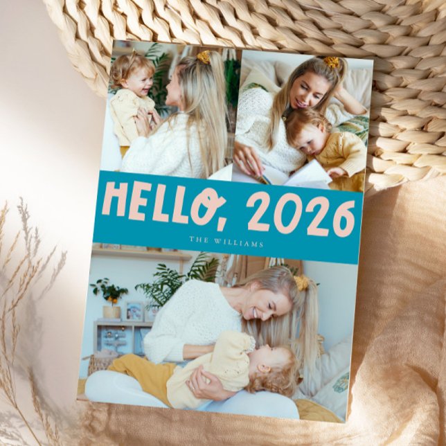 Tarjeta Festiva Hello 2026 Typography Aqua Blue Photo (Subido por el creador)