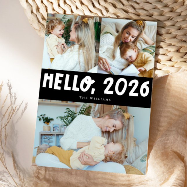 Tarjeta Festiva Hello 2026 Typography Black Photo (Subido por el creador)