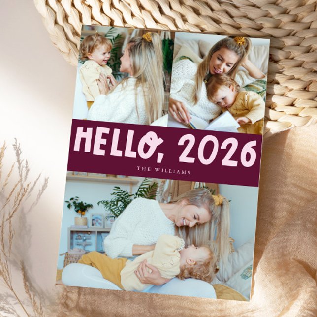 Tarjeta Festiva Hello 2026 Typography Cranberry Photo (Subido por el creador)
