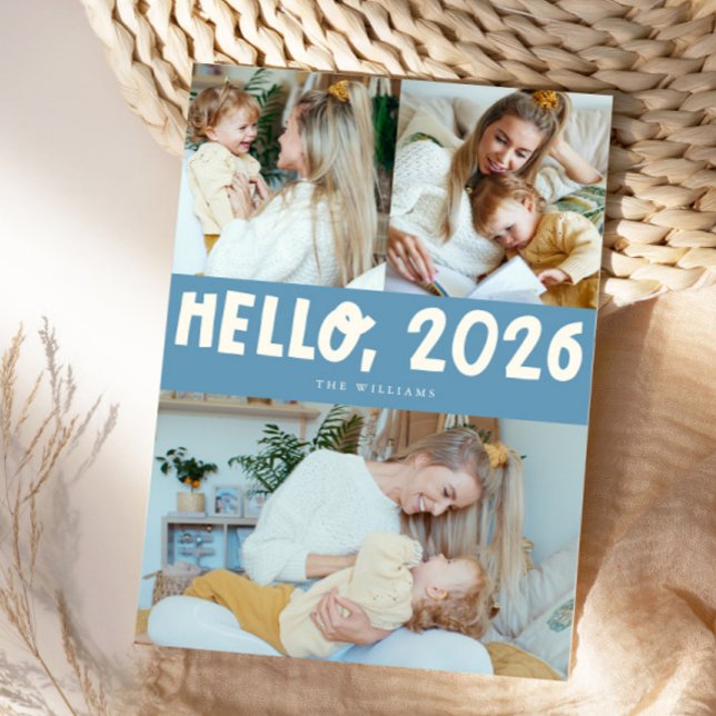 Tarjeta Festiva Hello 2026 Typography Denim Blue Photo (Subido por el creador)