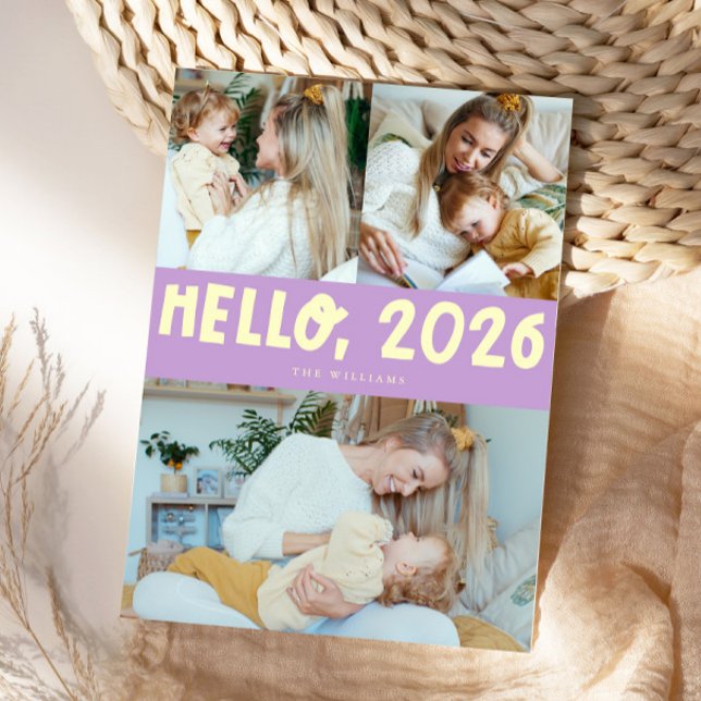 Tarjeta Festiva Hello 2026 Typography Lemon Wisteria Photo (Subido por el creador)