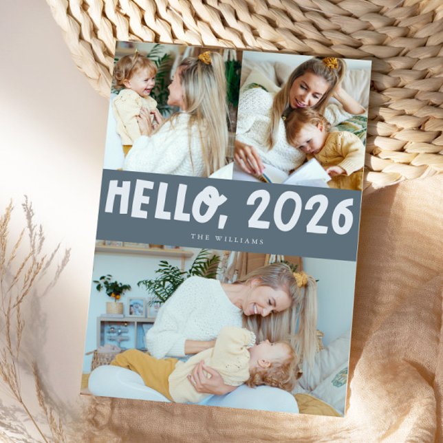 Tarjeta Festiva Hello 2026 Typography Slate Blue Photo (Subido por el creador)