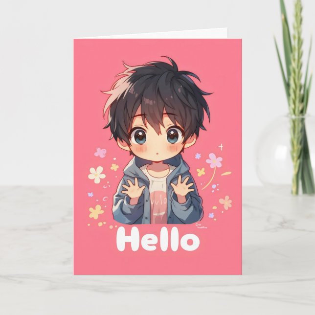 Tarjeta Festiva Hello Boy Anime Chibi (Anverso)