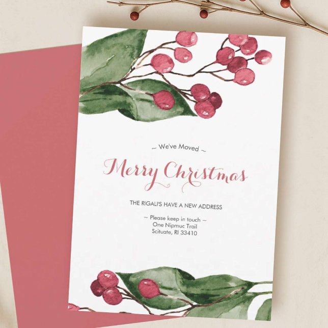 Tarjeta Festiva Hemos mudado Navidades botánicos de acuarela (Red and green watercolor berries moving announcement cards)