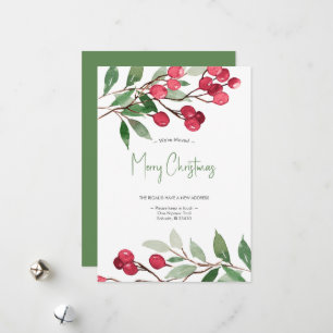 Tarjeta Festiva Hemos mudado Navidades de acuarela elegantes