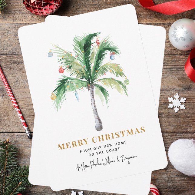 Tarjeta Festiva Hemos trasladado a Navidades de palmeras costeras  (Christmas Holidays Moving Coastal Palm Tree Announcement)