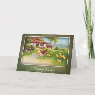 Tarjeta Festiva Hen, pollos y huevos de Pascua