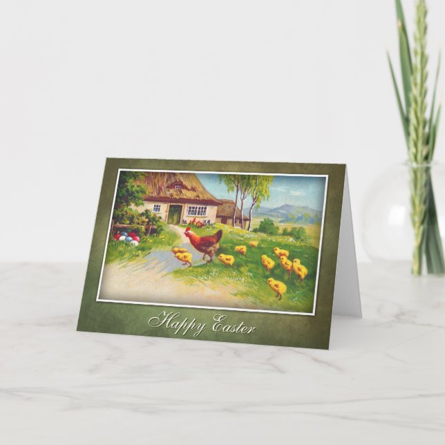 Tarjeta Festiva Hen, pollos y huevos de Pascua (Anverso)