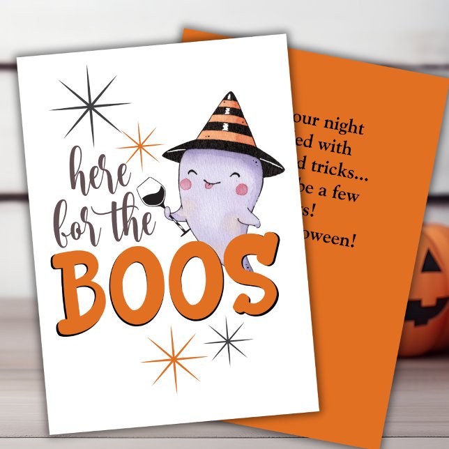 Tarjeta Festiva Here For The Boos Cute Ghost With Wine Custom (Here For The Boos Cute Ghost With Wine Custom Holiday Card)