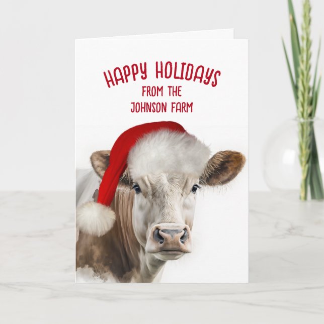 Tarjeta Festiva Hereford Cow Con Santa Hat (Anverso)