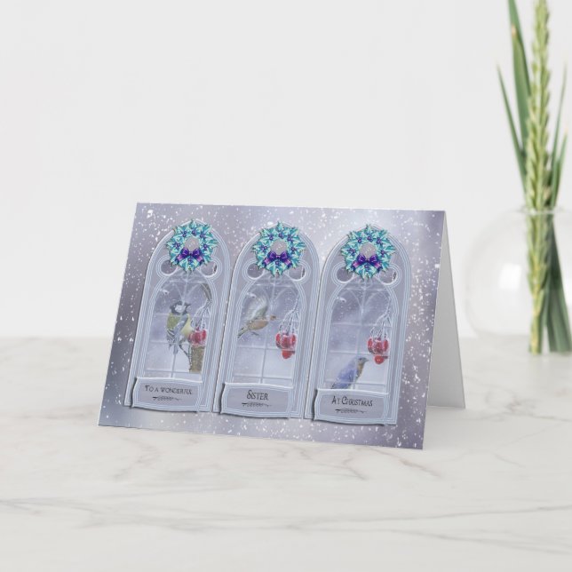 Tarjeta Festiva Hermana, Aves Jardín Navidades Ventana Saludo (Anverso)