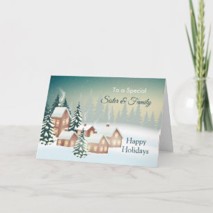 Tarjeta Festiva Hermana de árbol de aldea cubierta de nieve y su f