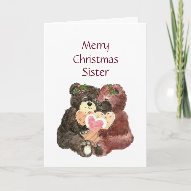 Tarjeta Festiva Hermana de las Felices Navidad, abrazos de oso de (Anverso)