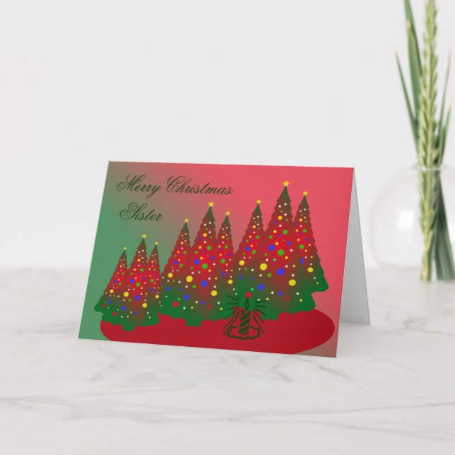 Tarjeta Festiva Hermana de las Felices Navidad: Árbol rojo y verde (Anverso)
