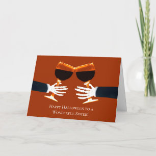 Tarjeta Festiva Hermana Halloween humorística con vino tostado