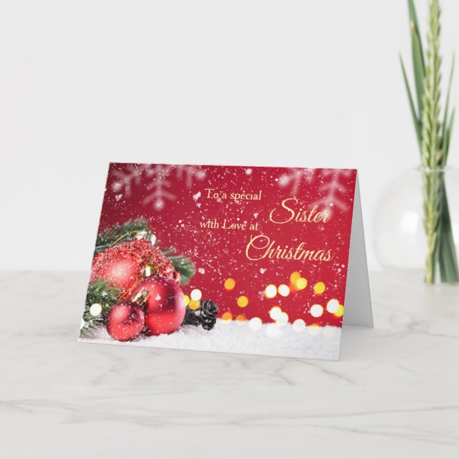 Tarjeta Festiva Hermana, Navidades de baubles rojos, rama de abeto (Anverso)